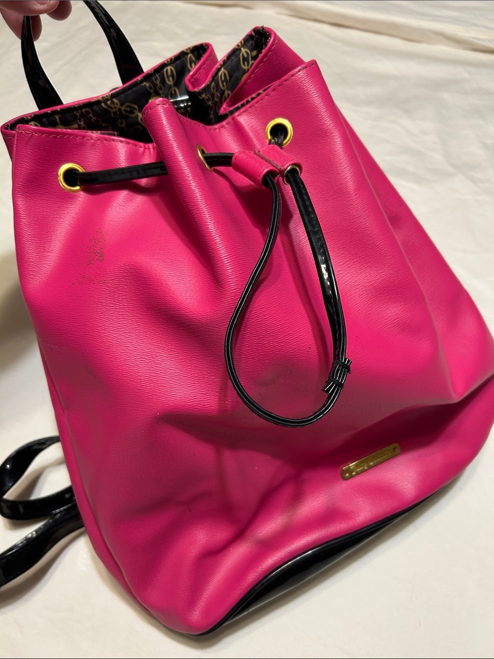 Juicy Couture Hot Pink Drawstring Backpack with Black Trim